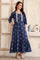 Blue Dyed Thread Embroidered Flared Cotton Blend Dress and Jacket Set