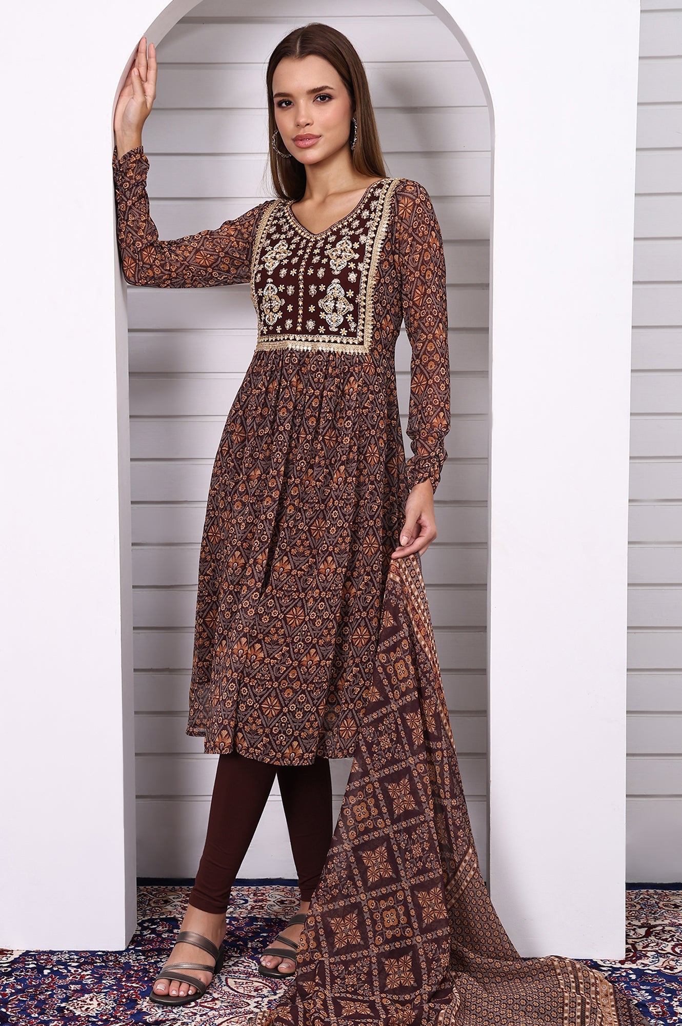 Brown Geometric Printed Zari Embroidered Georgette A-line Kurta, Leggings and Dupatta Set