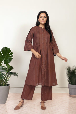 Brown Striped A-Line Cotton Kurta with Palazzo Set