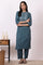 Blue Embroidered Yoke Pure Cotton Straight Kurta and Pants Set