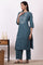 Blue Embroidered Yoke Pure Cotton Straight Kurta and Pants Set