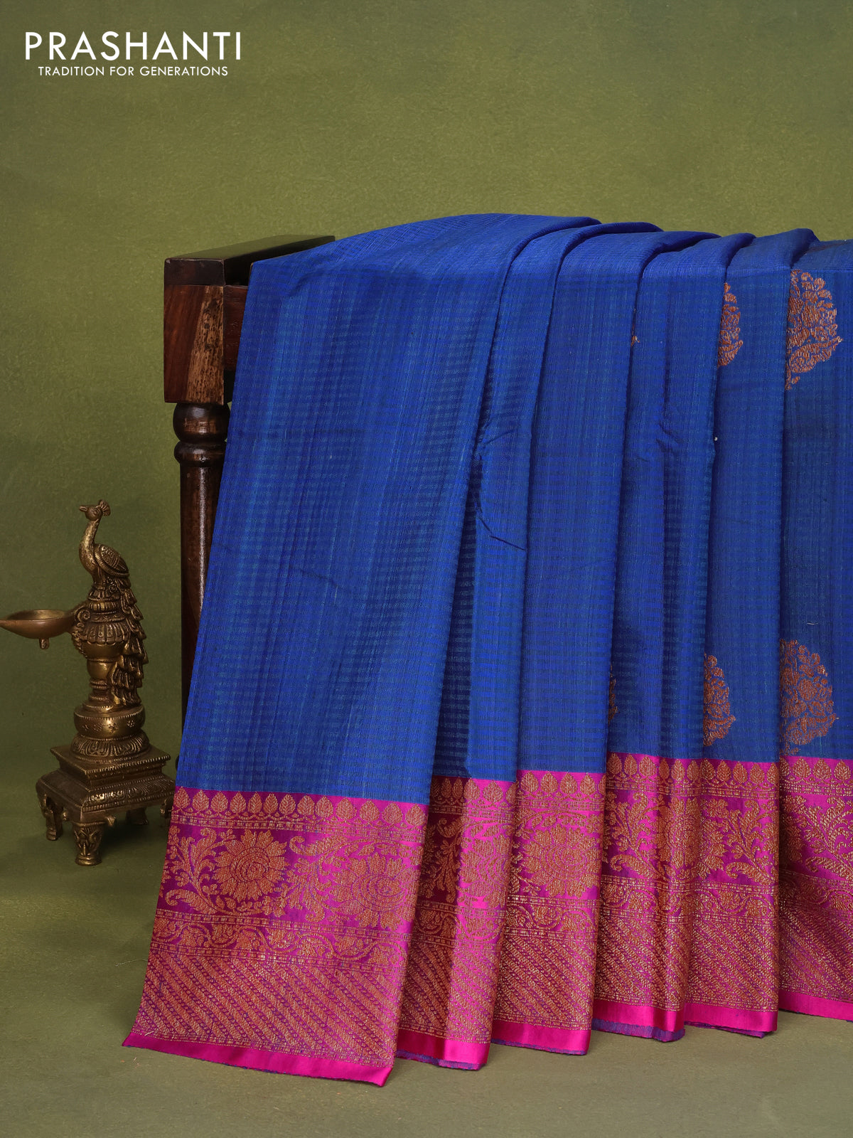 Banarasi handloom dupion silk saree blue and pink with woven buttas and woven border