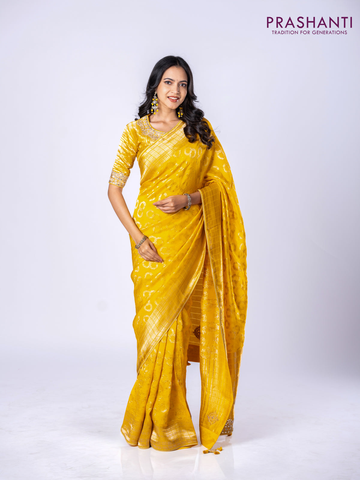 Banarasi munga silk saree yellow with allover silver & gold zari weaves and zari woven lace border