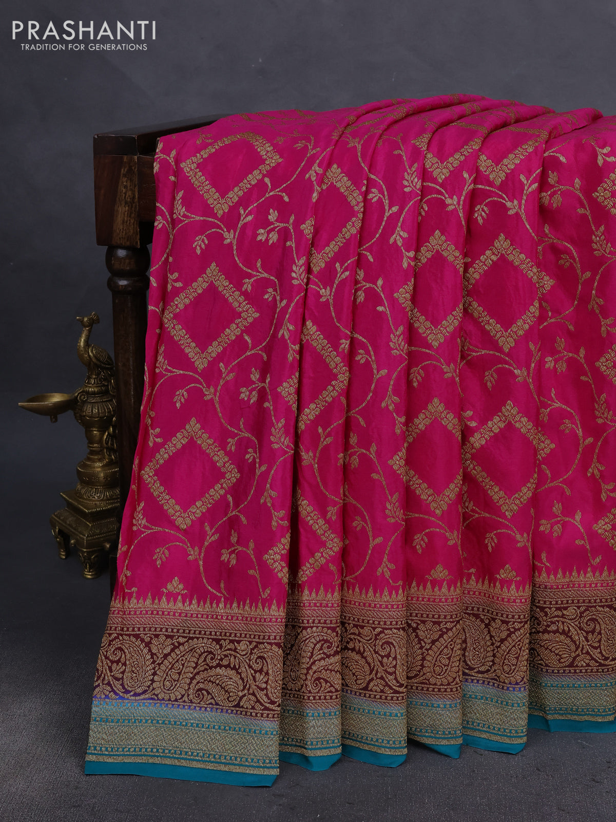 Banarasi crepe saree pink and brown teal with allover thread & zari weaves and woven border