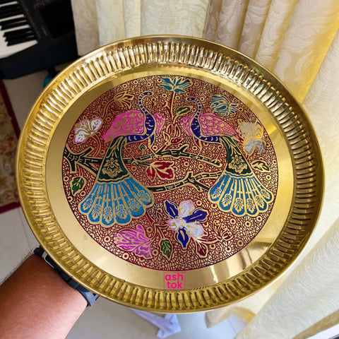 Gift Item, Brass Plate for Pooja Engraved Printed Peacock Design Inside (Dia 8 Inches)