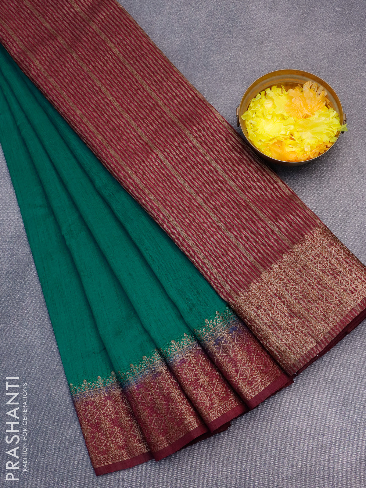 Banarasi semi matka saree teal green and dark magenta pink with plain body and antique zari border