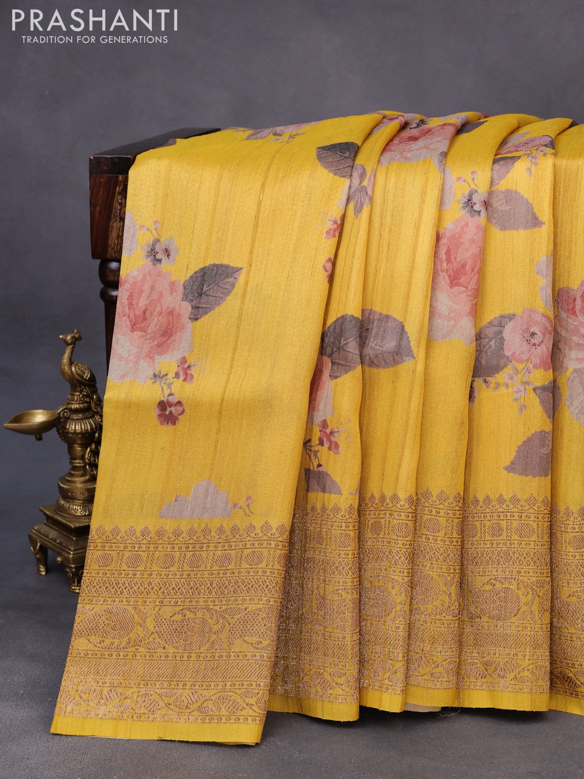 Banarasi tussar silk saree yellow with allover floral digital prints and banarasi style border