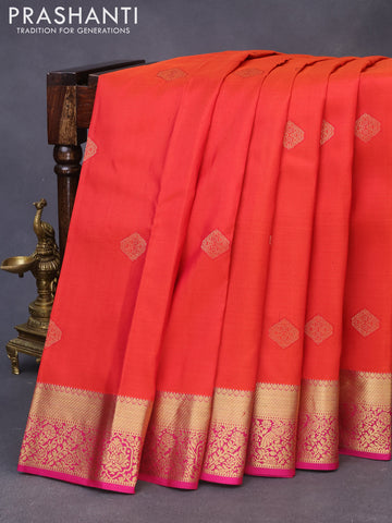 Pure kanchipuram silk saree orange and pink with zari woven buttas and zari woven border