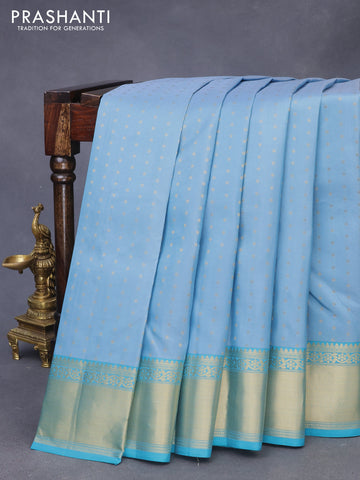 Pure kanchipuram silk saree pastel blue and light blue with zari woven buttas and zari woven border