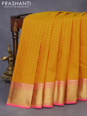 Pure kanchipuram silk saree mustard yellow and pink with zari woven buttas and zari woven border