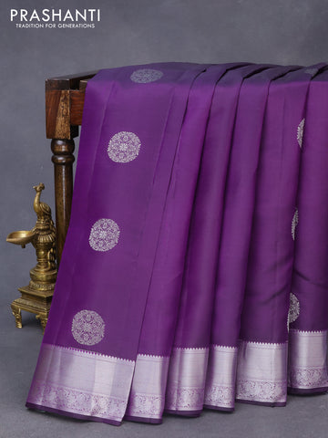 Pure kanchipuram silk saree deep violet and pink with silver zari woven buttas and silver zari woven buttas