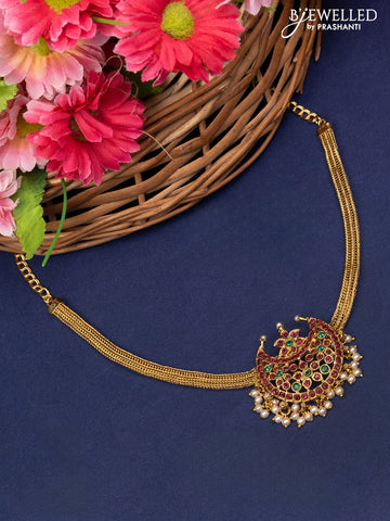 Antique attigai choker chandbali pendant with kemp stones and pearl hangings without earrings