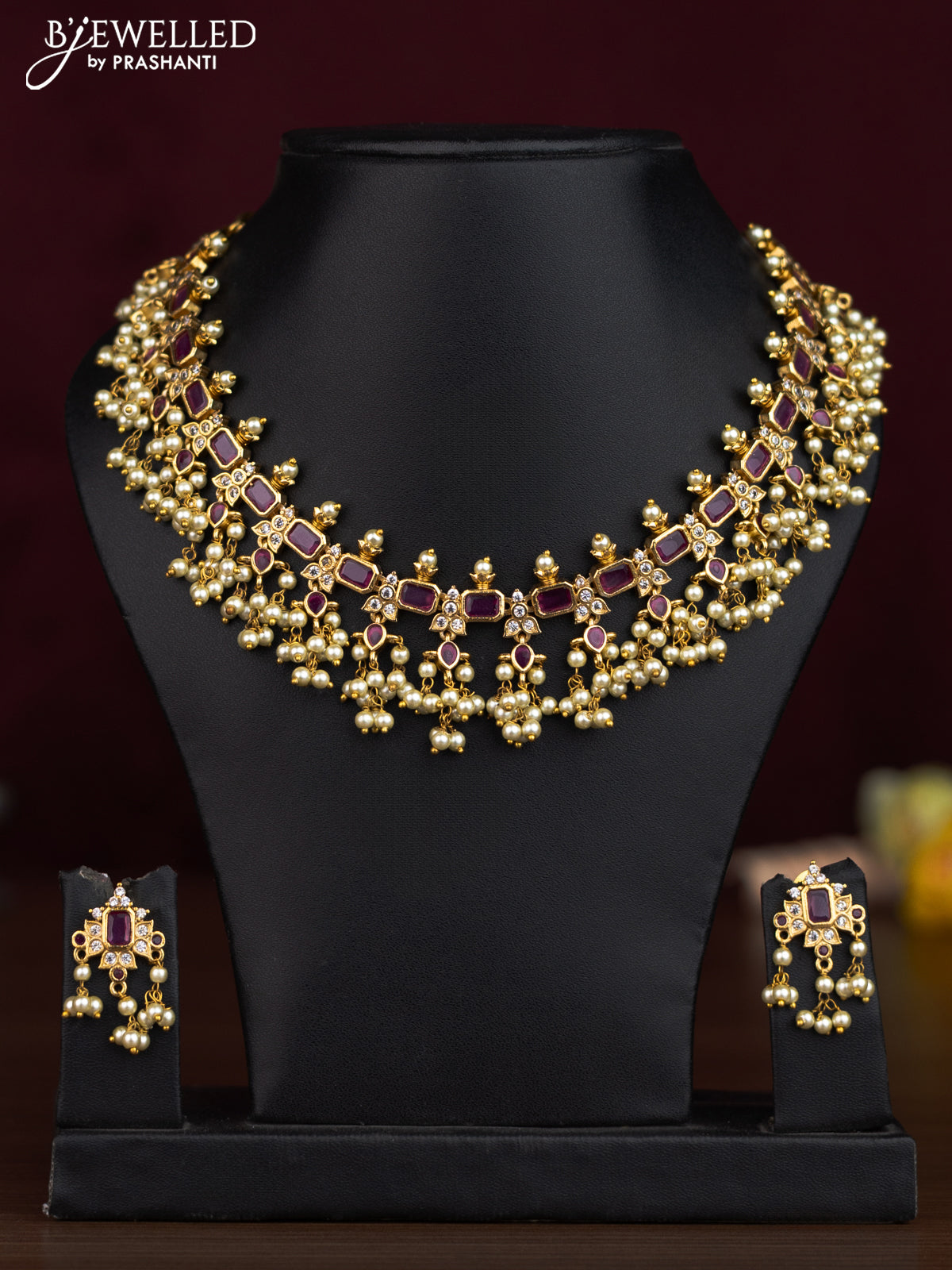 Antique guttapusalu necklace with ruby & cz stones and pearl hangings