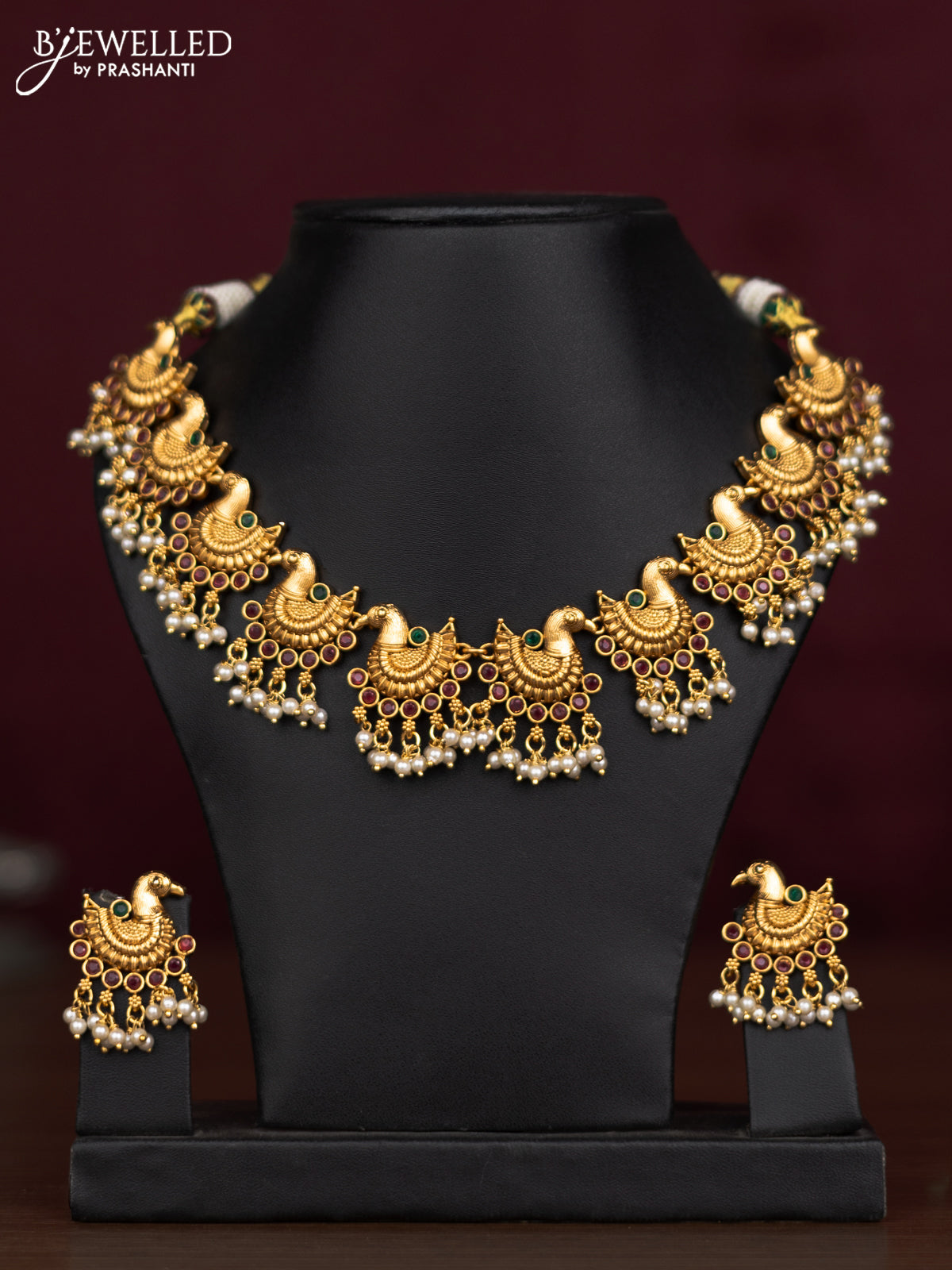 Antique guttapusalu necklace peacock design with kemp stones and pearl hangings