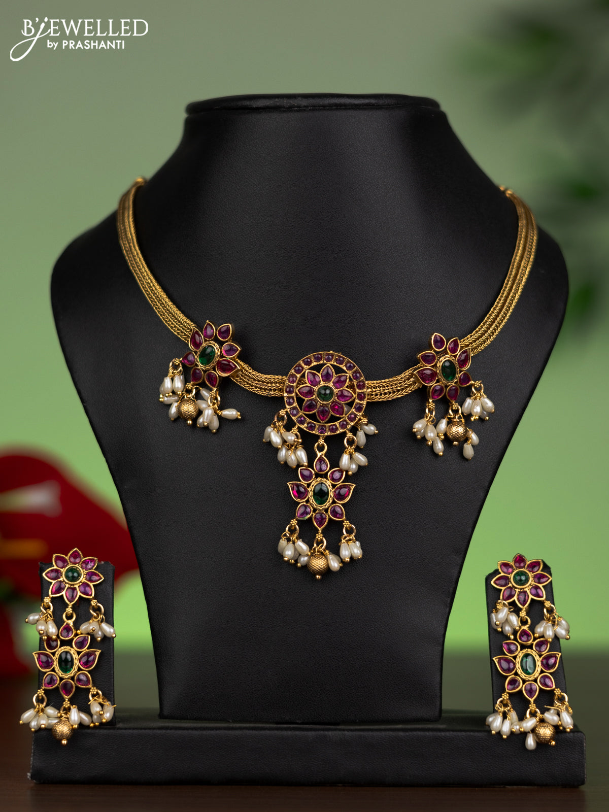 Antique attigai necklace floral design with kemp stones and pearl hangings