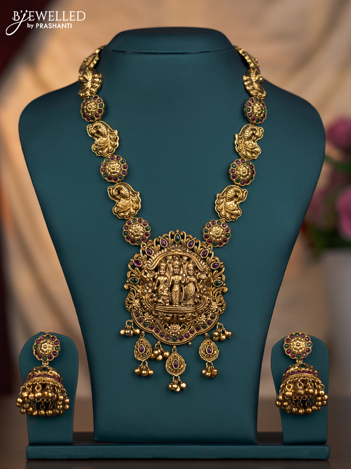 Antique haaram ram parivar & peacock design with kemp stones and golden beads hangings