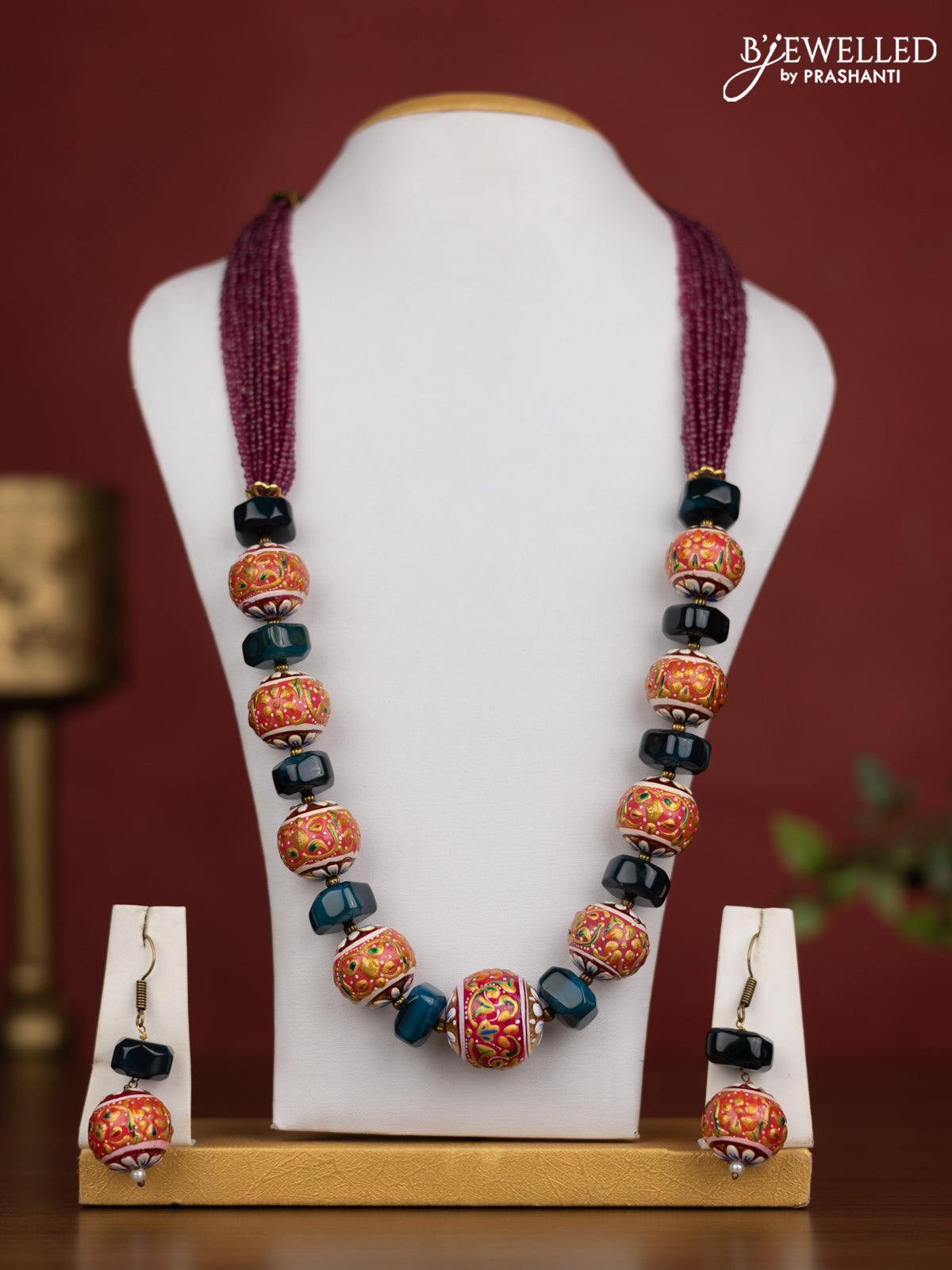 Jaipur crystal beaded maroon and blue beads necklace with earrings