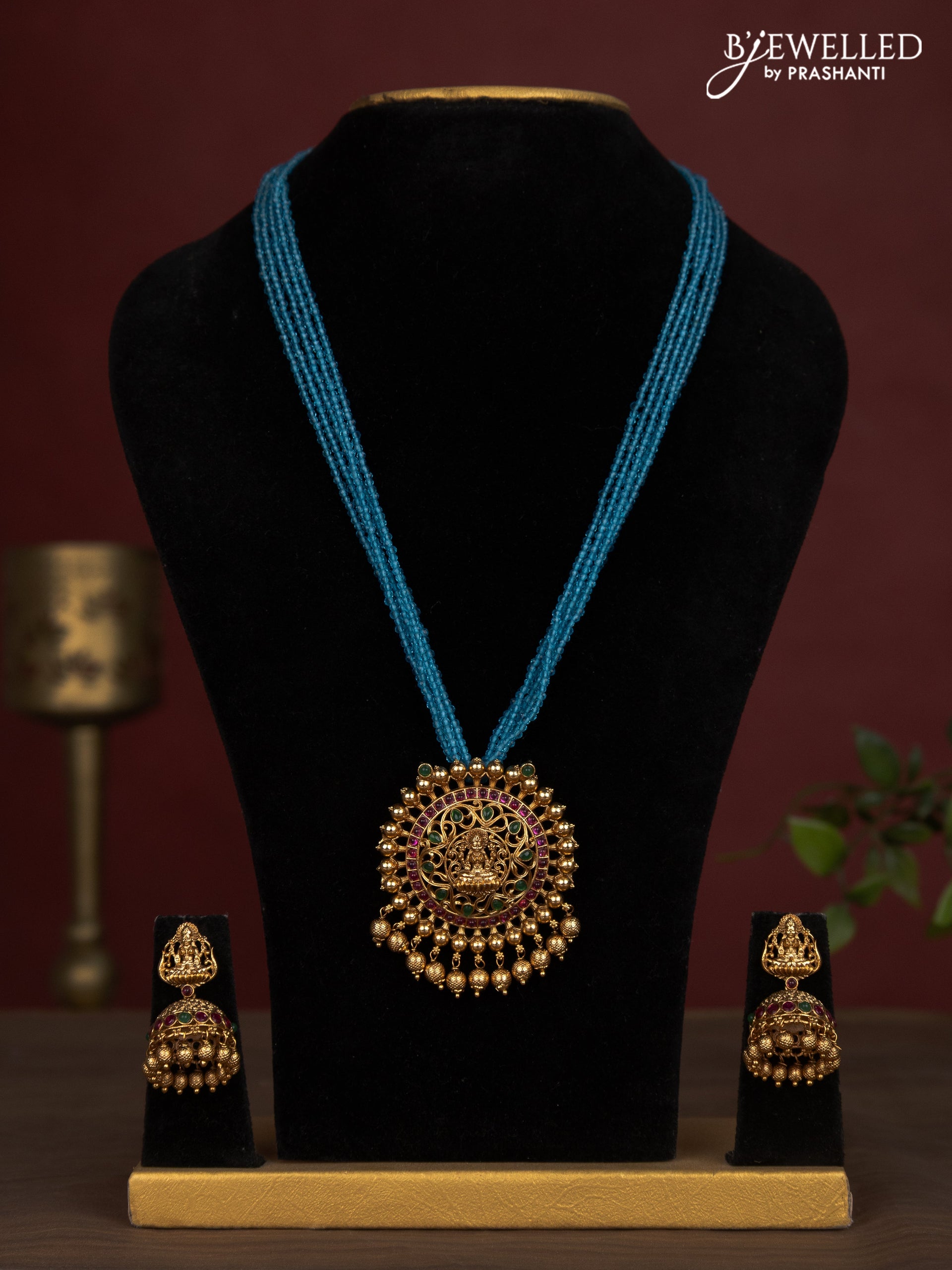 Jaipur crystal beaded multilayer light blue necklace with lakshmi pendant