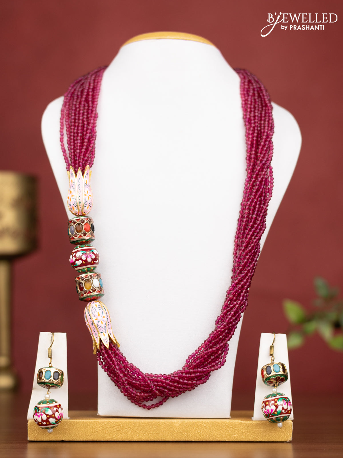 Jaipur multilayer beaded maroon necklace with meenakari beads