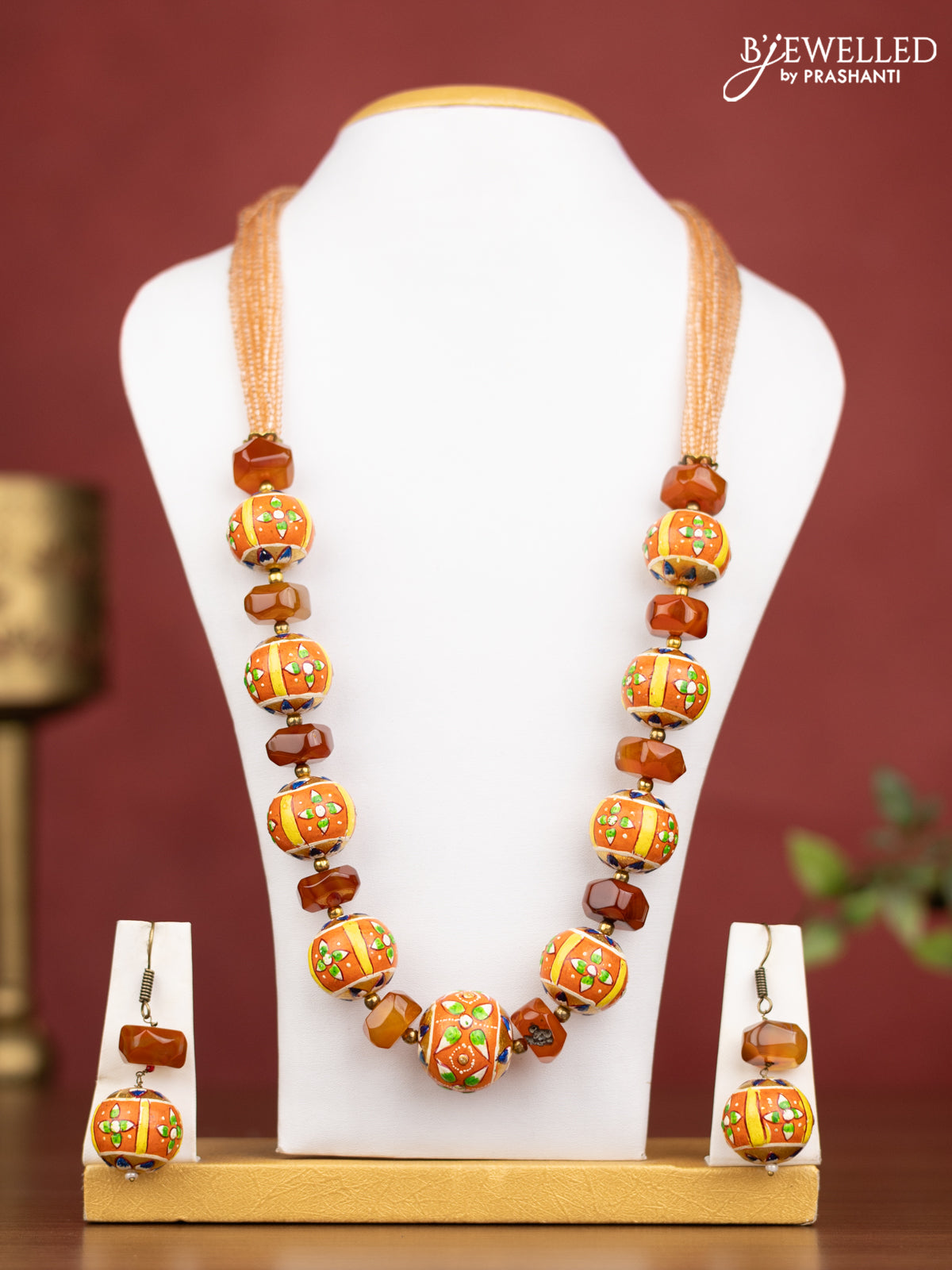 Jaipur multilayer beaded ornage necklace with meenakari beads