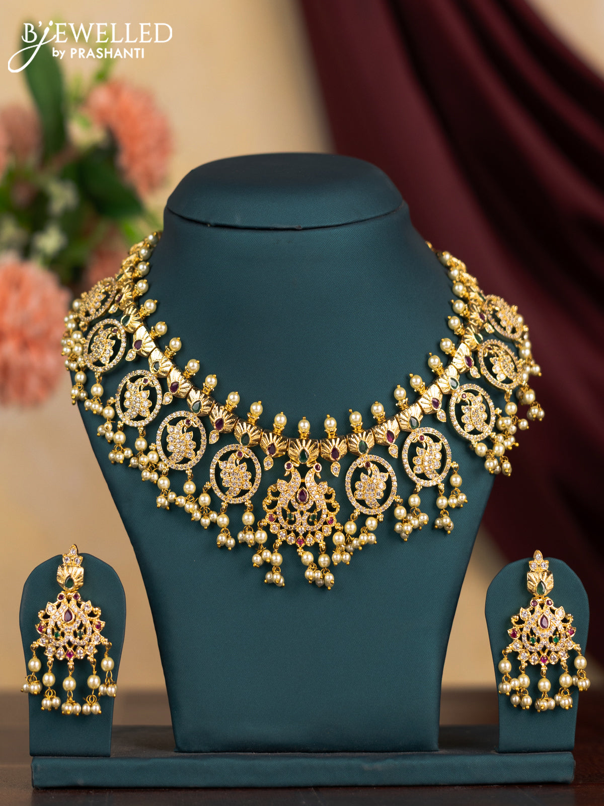 Antique guttapusalu necklace peacock design with kemp & cz stones and pearl & hangings