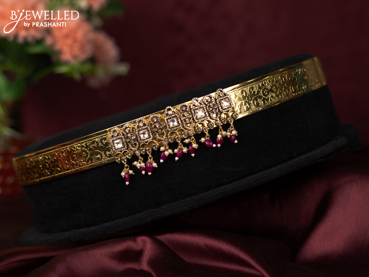 Antique self embosse hip belt with cz stones & pearl and pink beads hangings in victorian finish