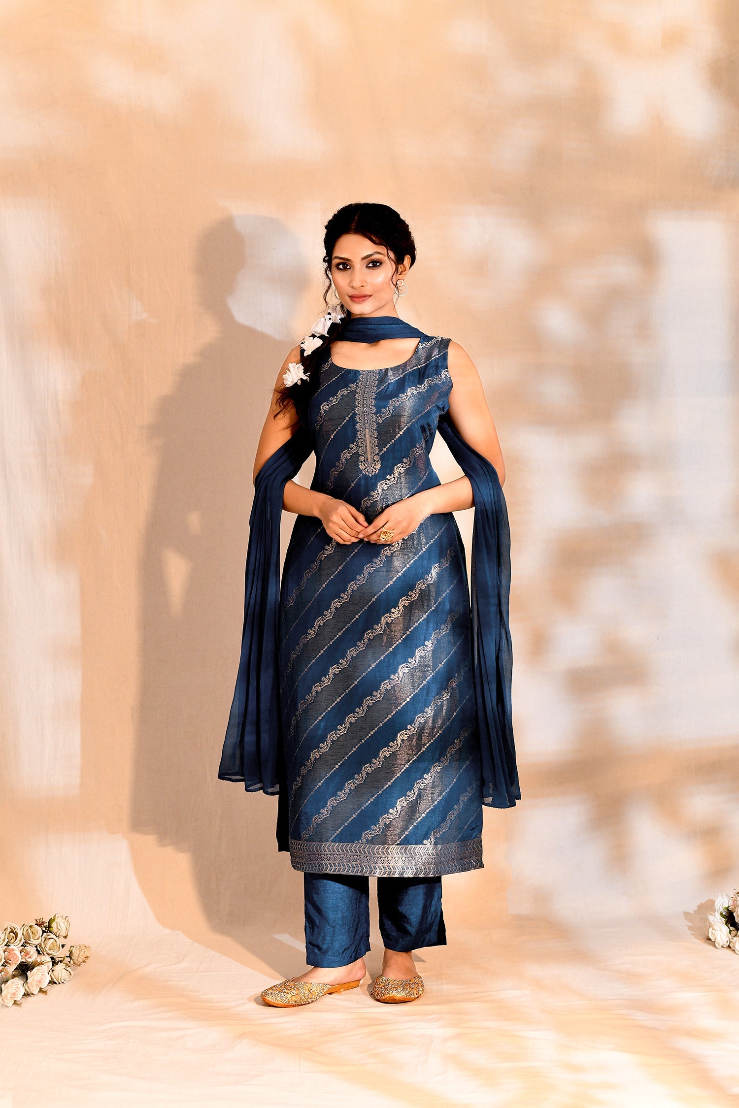 Dark Blue Tissue Silk Floral Zari Kurta Set