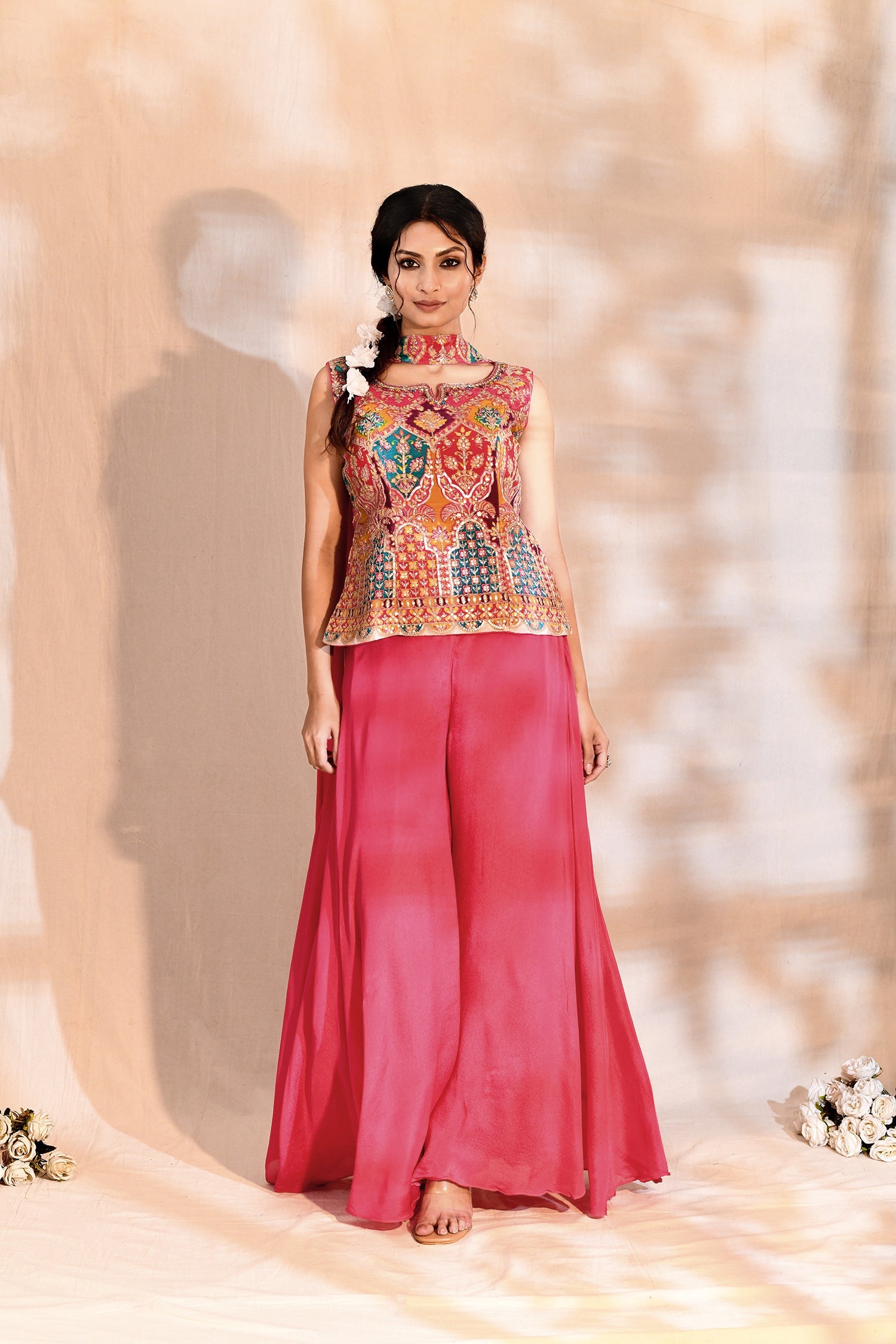 Bright Pink Tissue Silk Floral Indo-Western Set