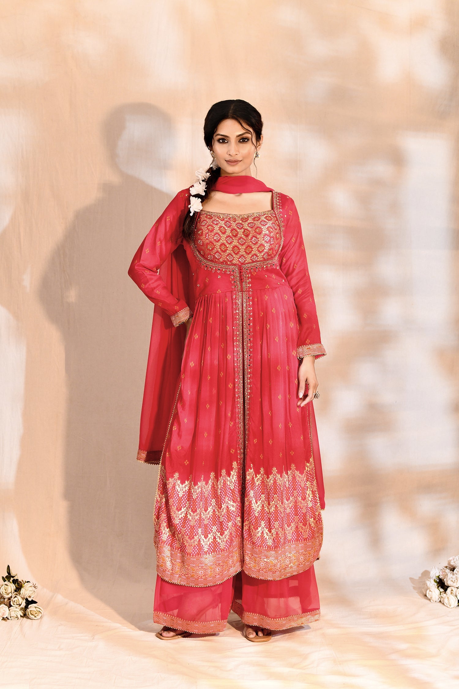 Bright Pink Chinon Georgette Bandhani Kurta Set