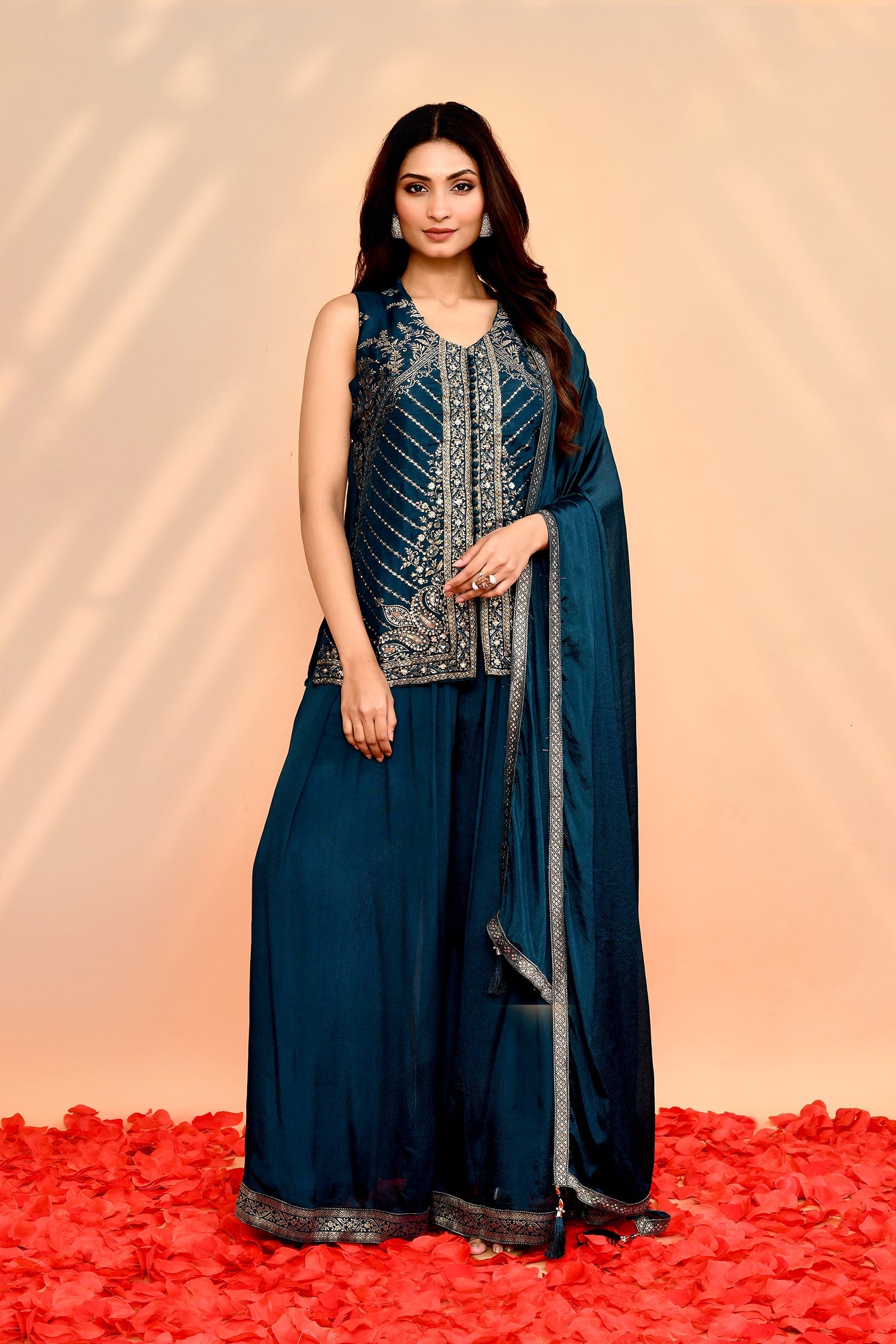 Bottle Green Crepe Silk Embroidered Sharara Set