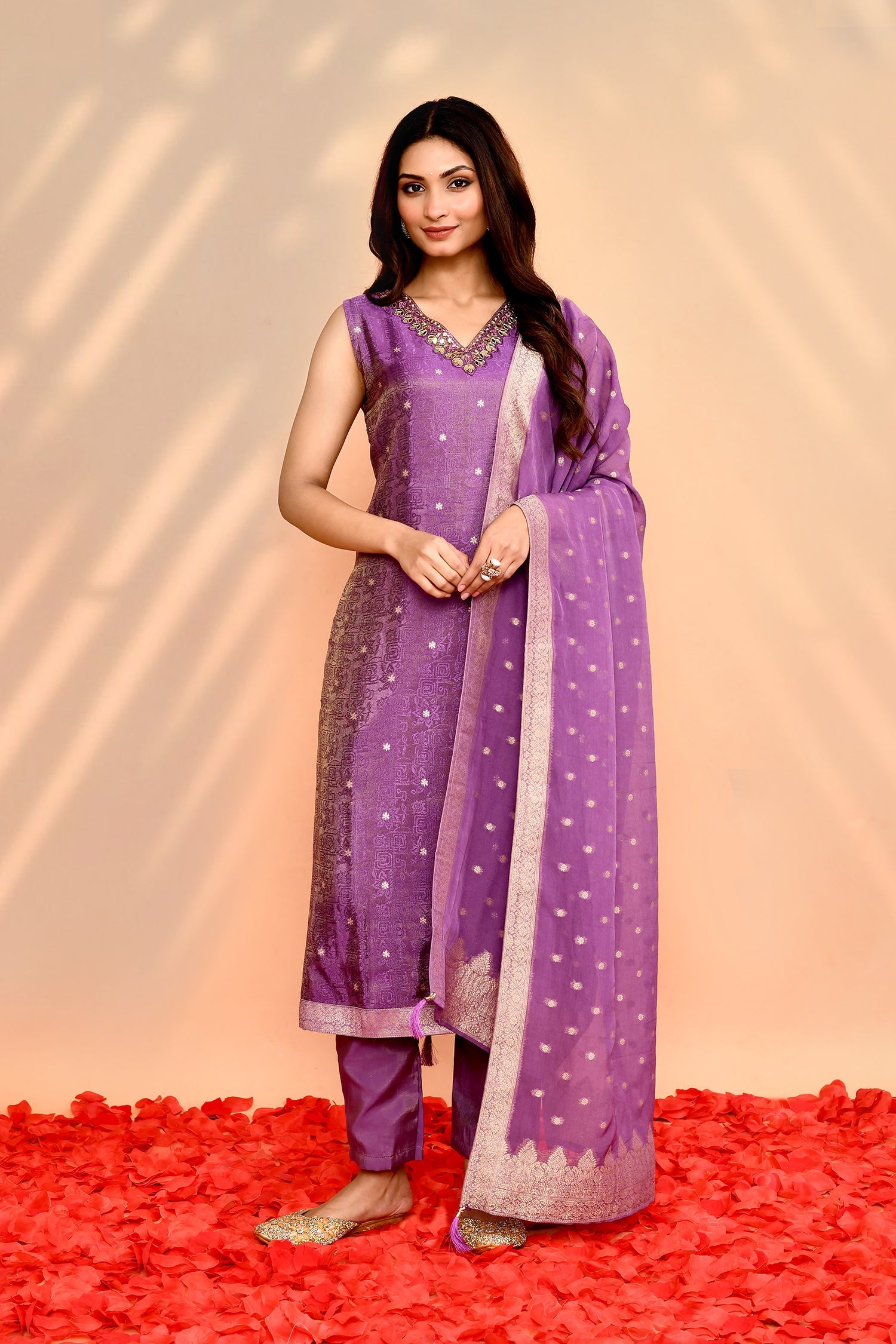 Bright Purple Tissue Silk Floral Kurta Set