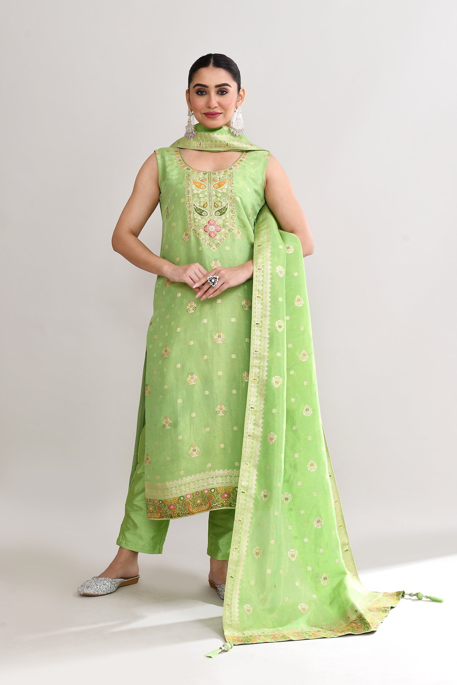Parrot Green Banarasi Silk Floral Kurti Set