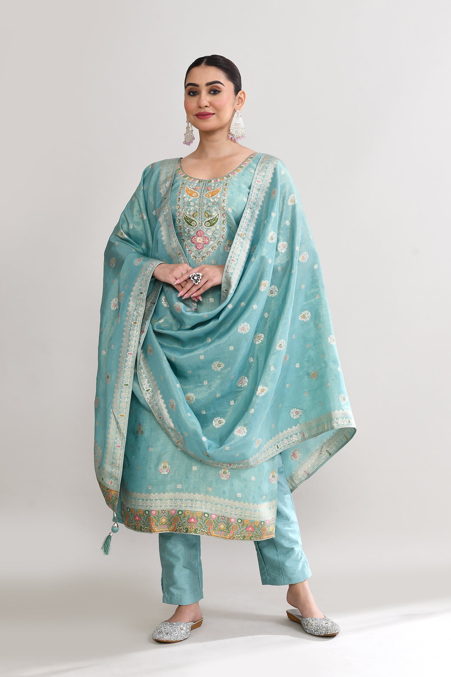 Cyan Blue Banarasi Silk Floral Kurti Set