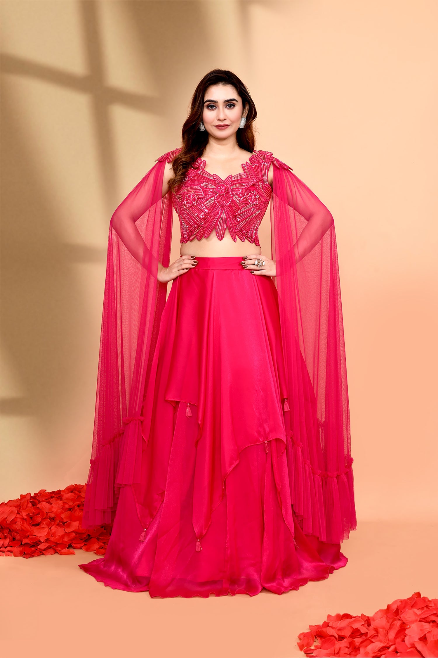 Bright Pink Crepe Embroidered Lehenga Set