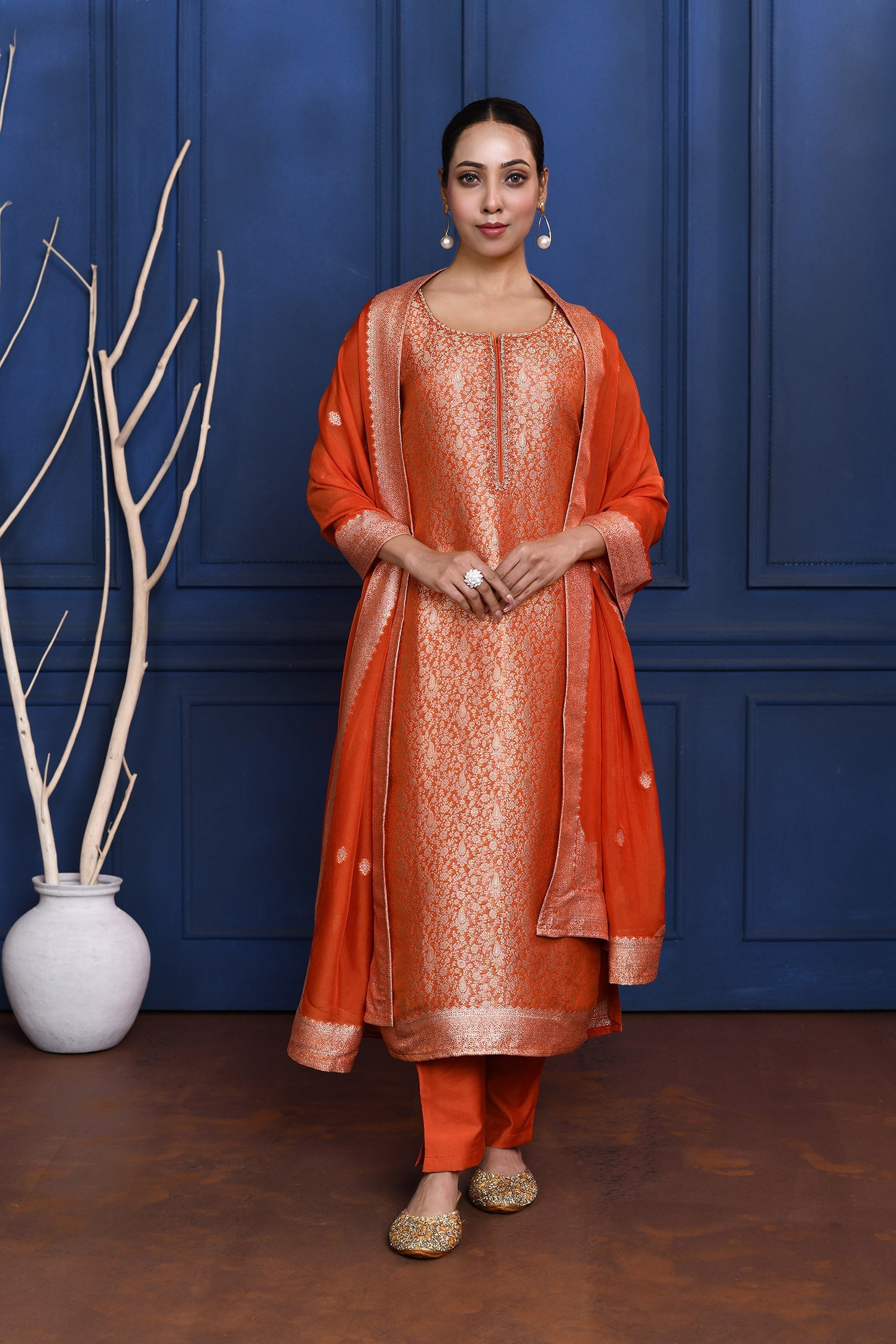 Bright Orange Banarasi Brocade Silk Kurta Set