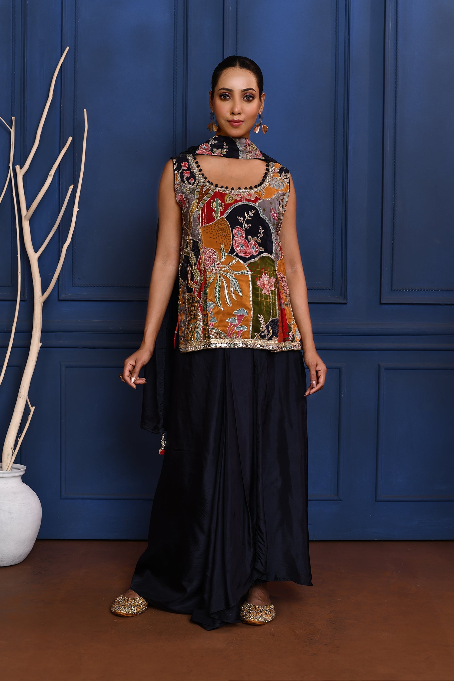 Black Embroidered Satin Sharara Set