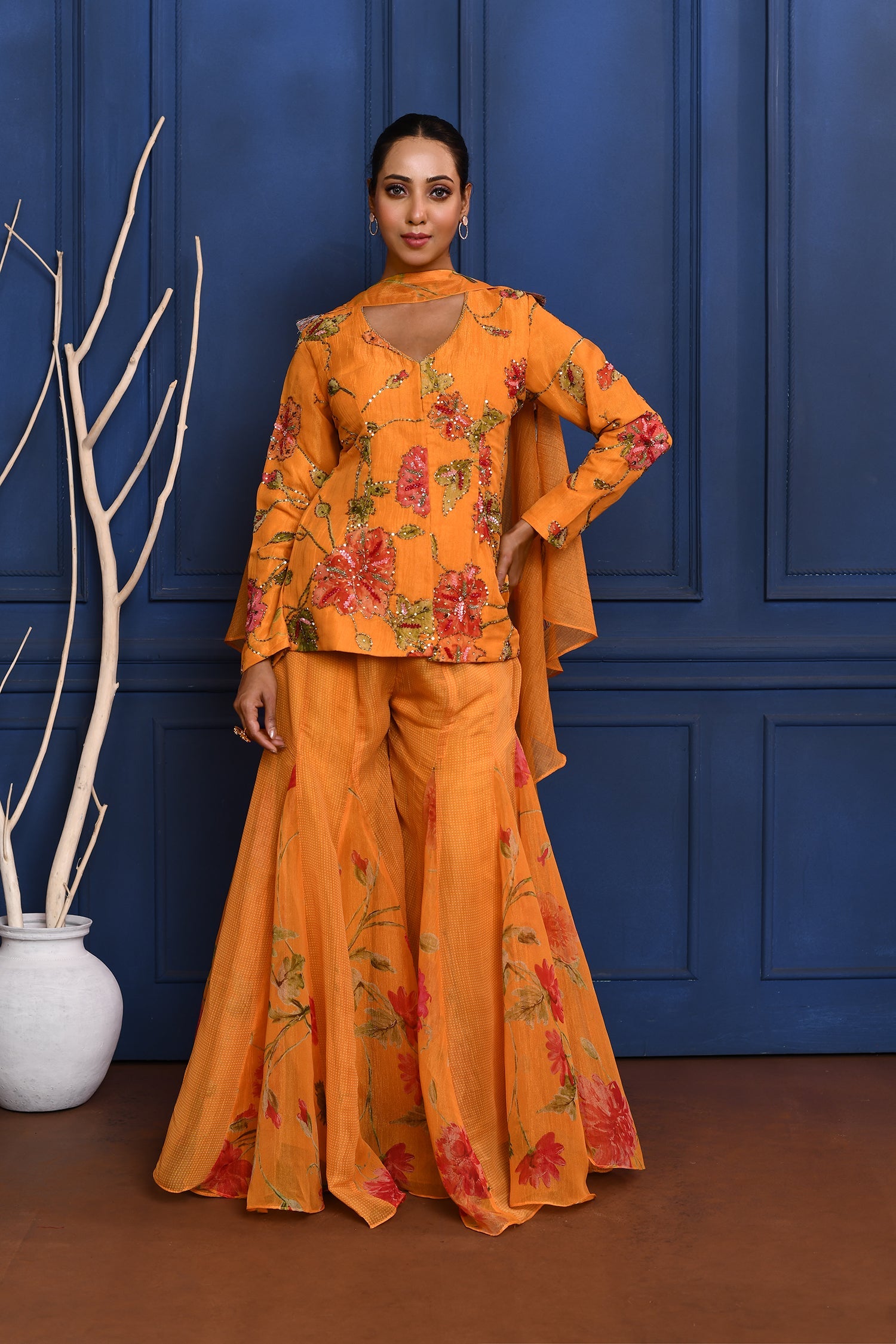 Deep Yellow Floral Tissue Peplum Set