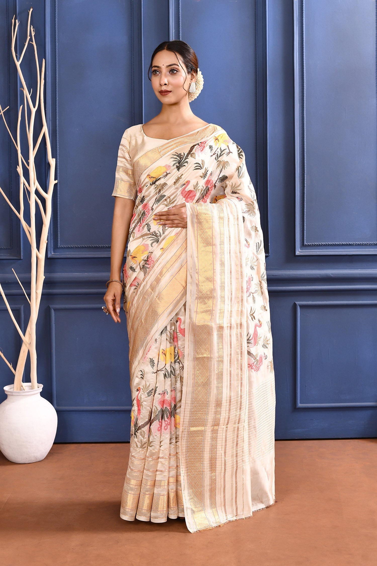Off-White Embroidered Silk Saree
