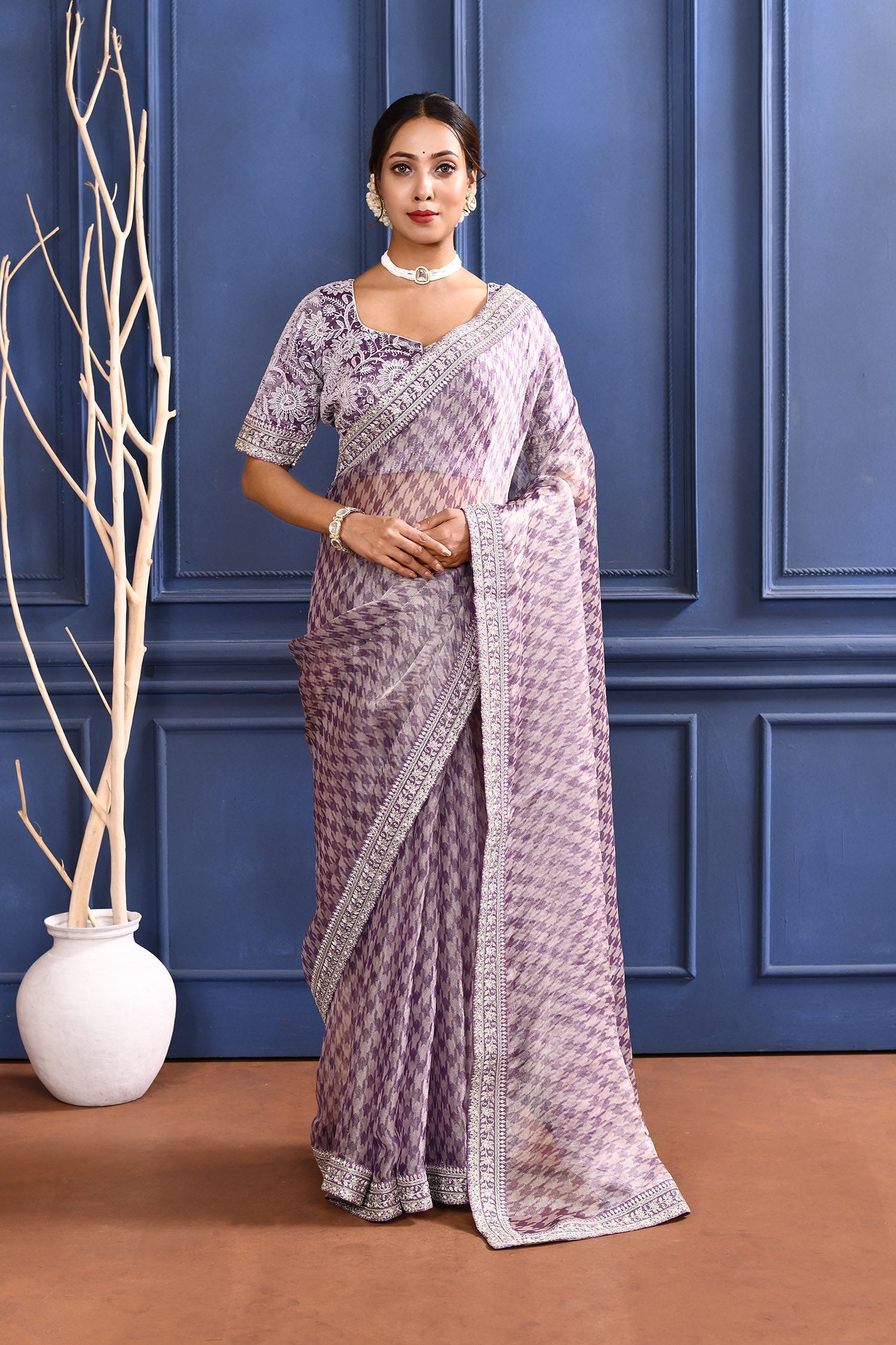 Berry Purple Printed Tissue Saree