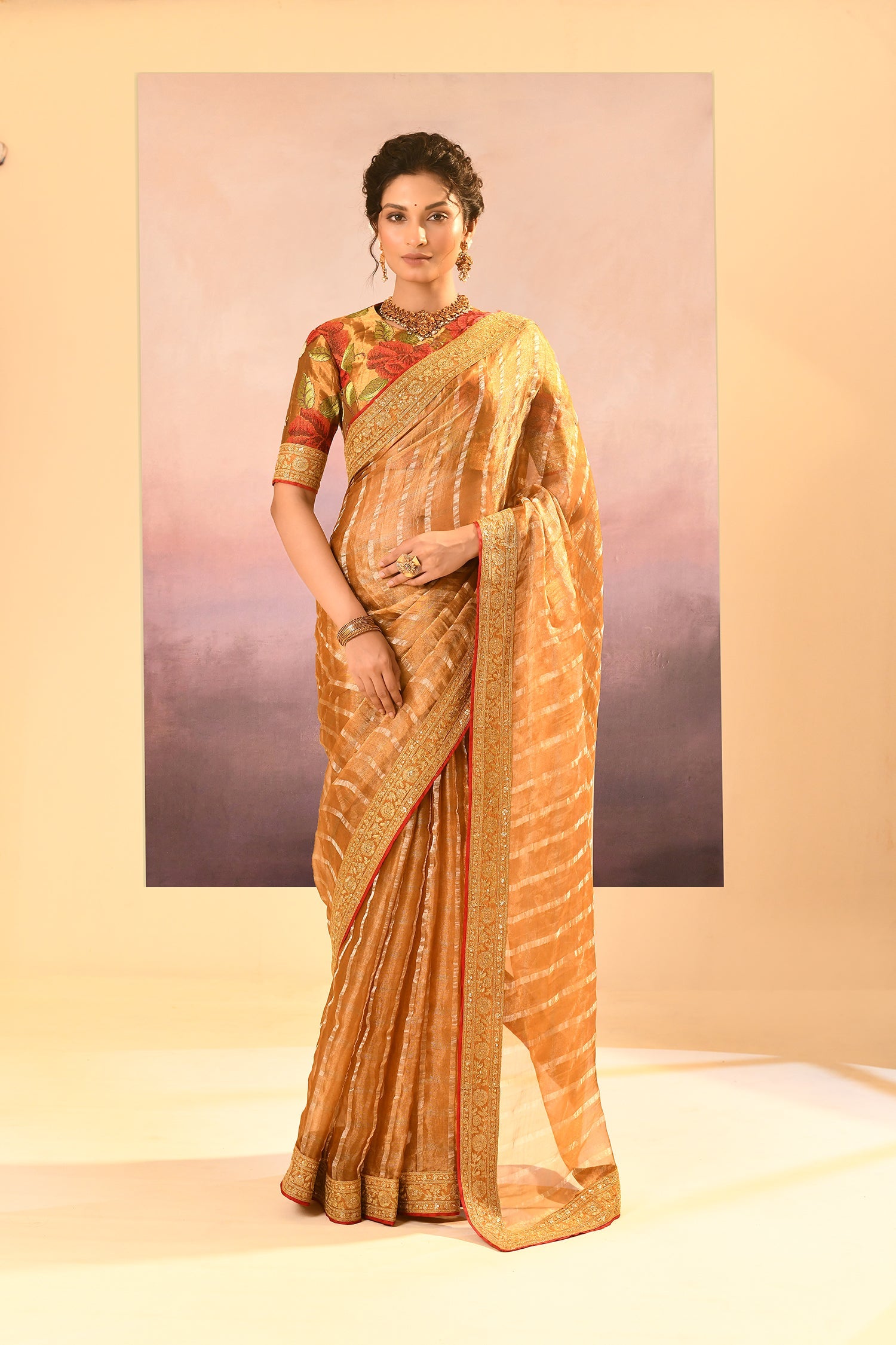 Golden Embroidered Metallic Tissue Saree