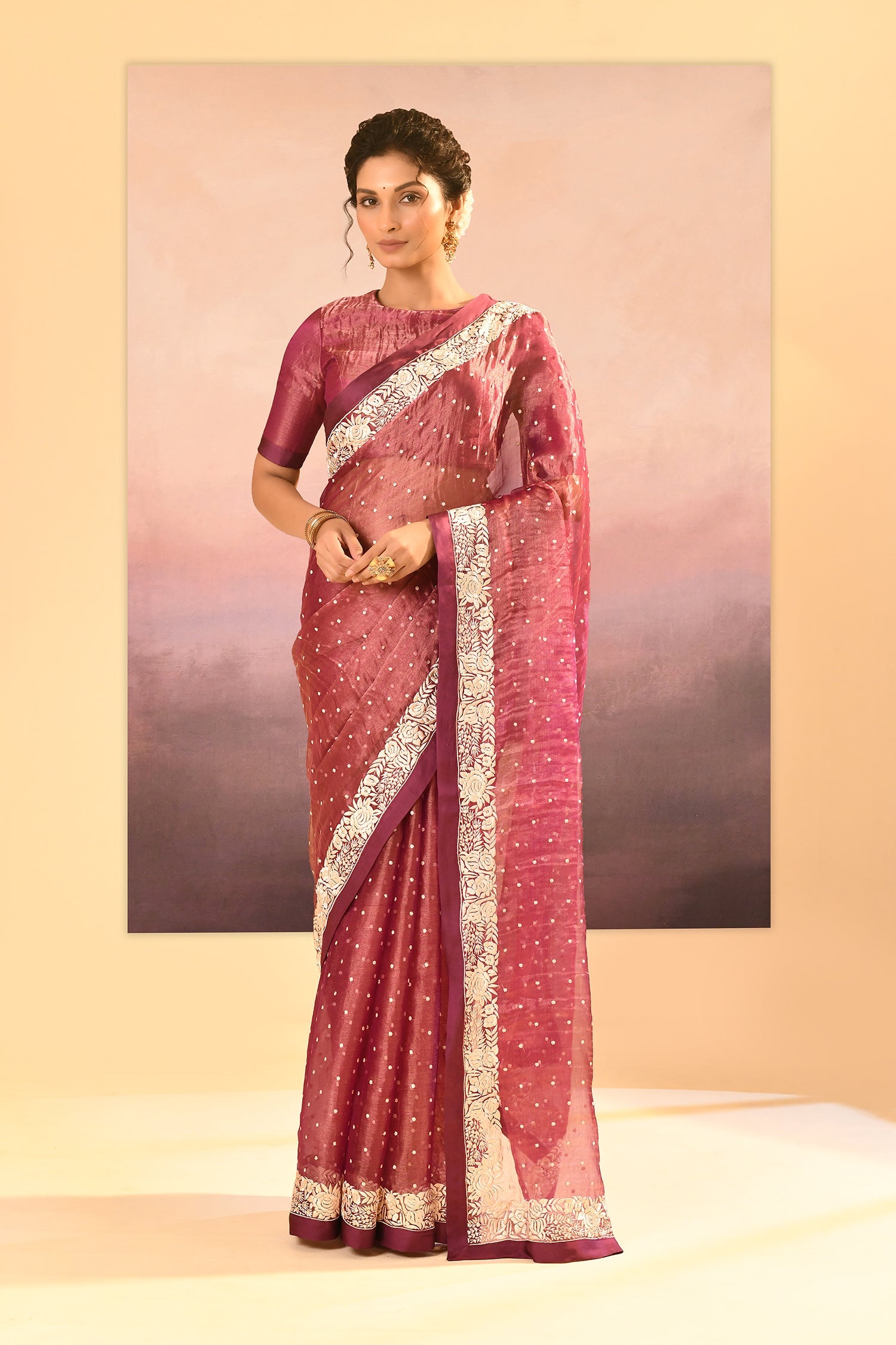 Pantone Purple Tissue Embroidered Saree