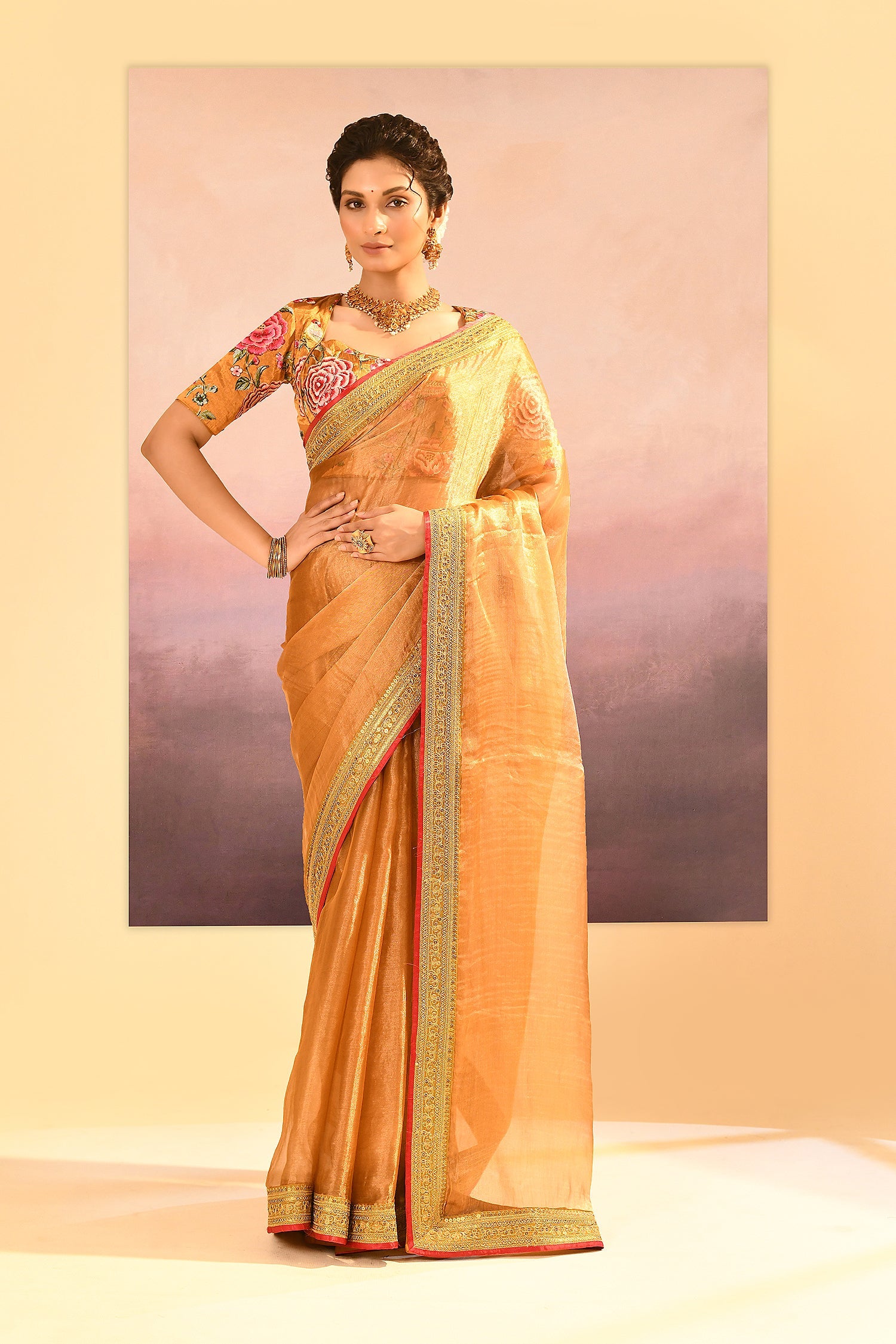 Jewel Gold Embroidered Metallic Tissue Saree