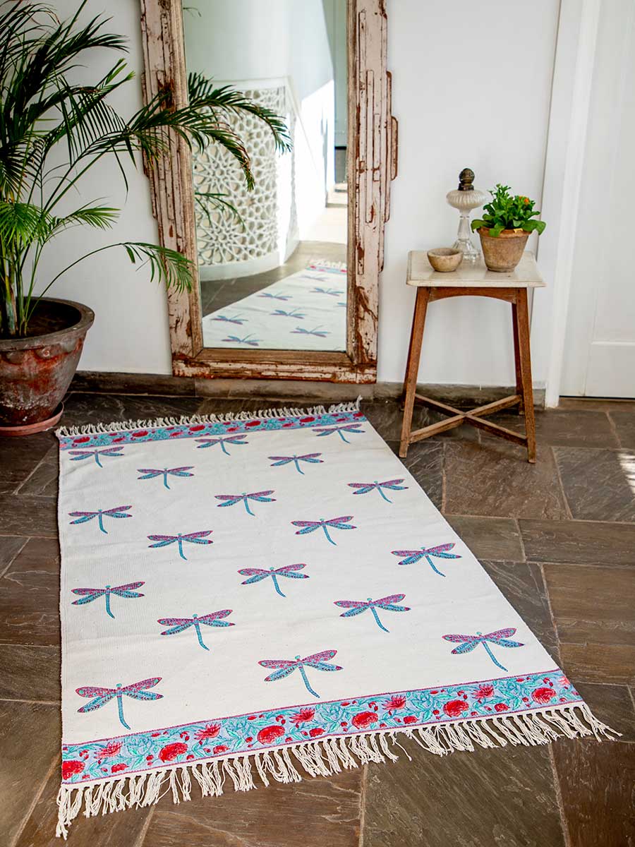 Dragonfly Block Printed Cotton Dhurrie Rug
