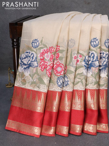 Banarasi kota tissue saree off white and red with floral design embroidery work and temple design zari woven rettapet border