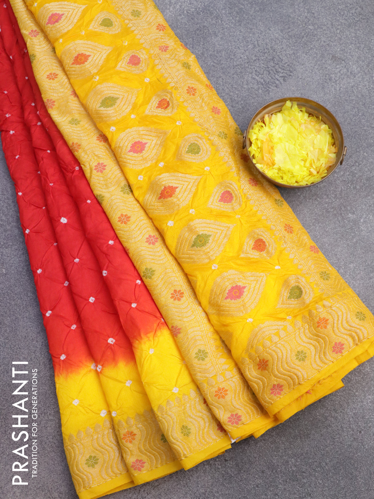 Bandhani saree red and yellow with allover bandhani prints and banarasi style border