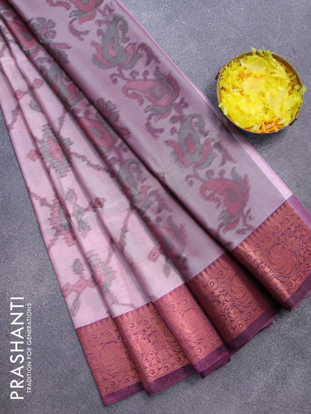 Banarasi semi tussar saree dual shade of pink and wine shade with allover ikat weaves and copper zari woven border