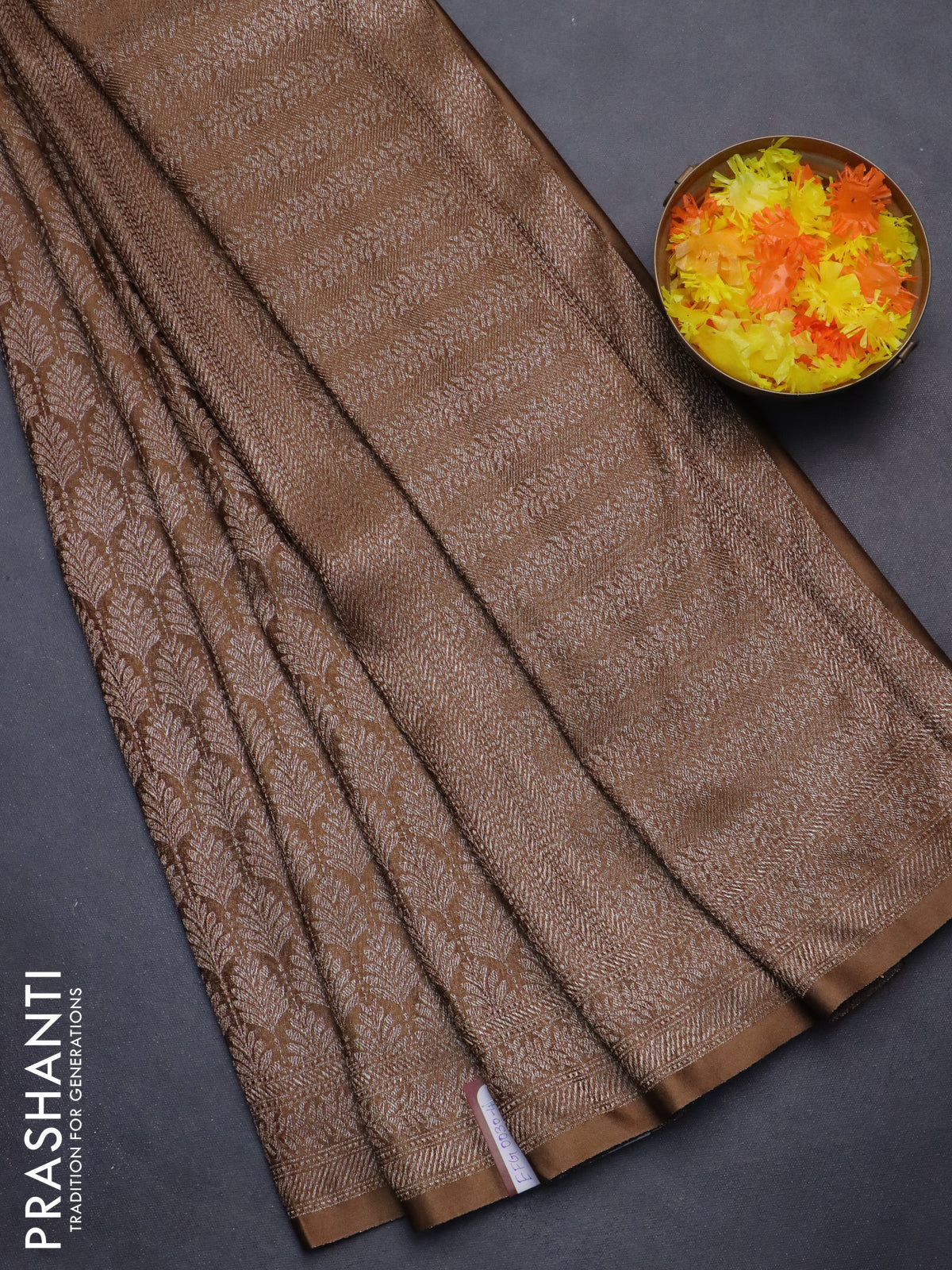 Banarasi semi crepe saree brown with allover thread & zari woven brocade weaves and woven border