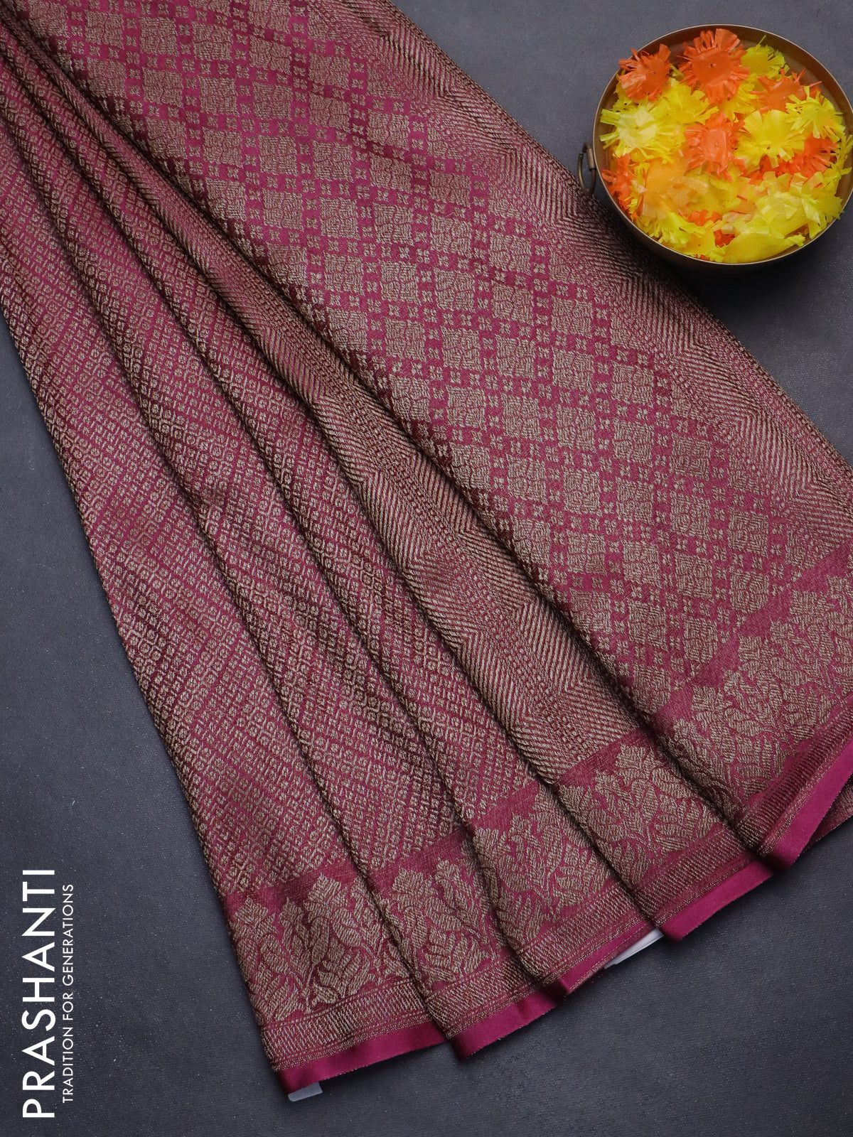 Banarasi semi crepe saree dark magenta pink with allover thread & zari woven brocade weaves and woven border