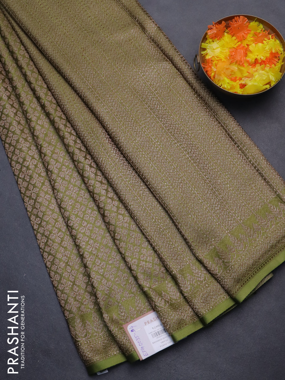 Banarasi semi crepe saree mehendi green with allover thread & zari woven brocade weaves and woven border