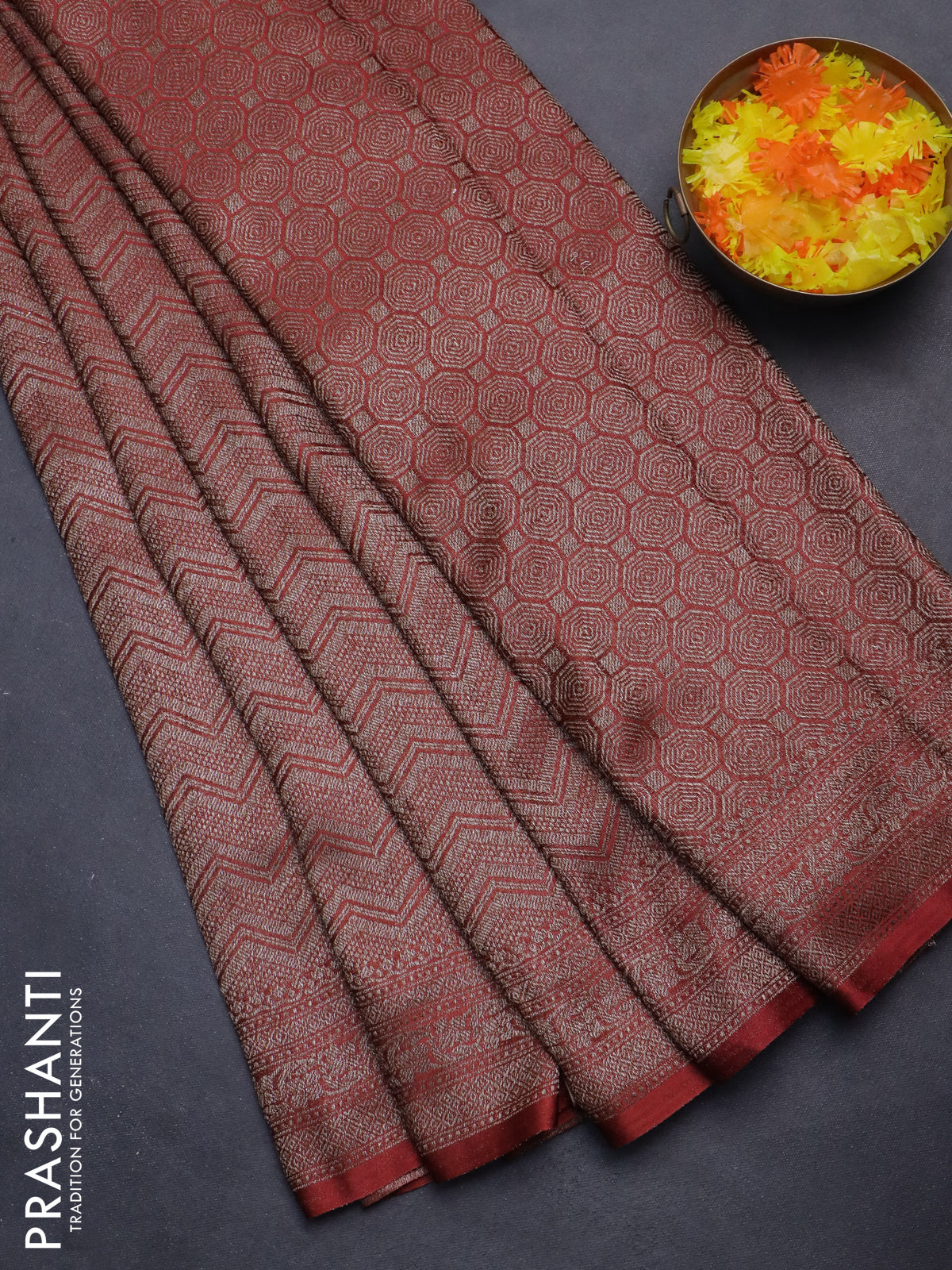 Banarasi semi crepe saree maroon shade with allover thread & zari woven brocade weaves and woven border